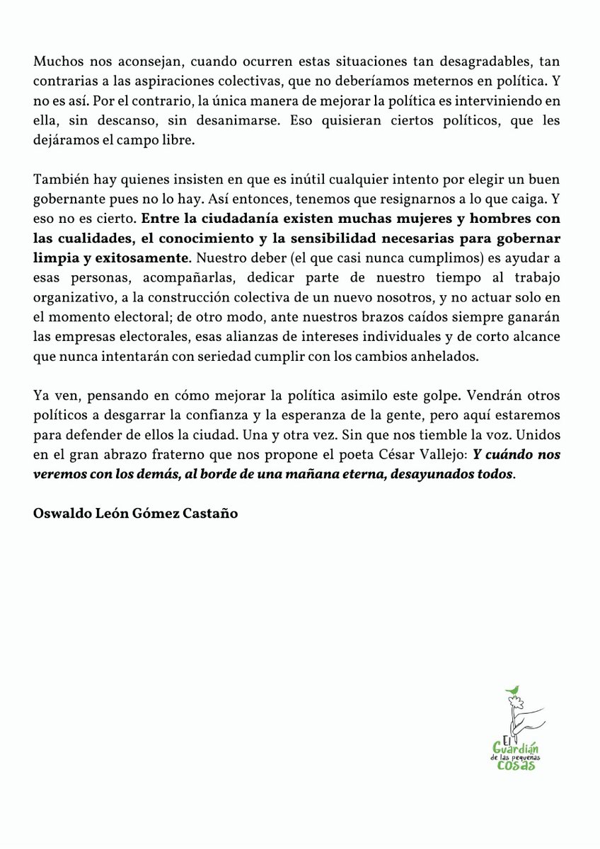 Oswleogo's tweet photo. Lo que pasó en EPM es un aviso de que cosas peores pueden venir. Me hice a un lado de la Junta, pero eso no quiere decir que me exilio de la discusión. Los animo a la reflexión con este escrito, por la Empresa y un Futuro más claro y de verdad serio y esperanzador para la ciudad. https://t.co/8KS7kZVGEb