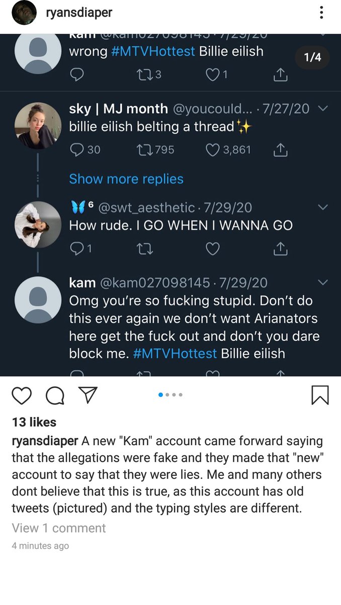 (credits to @/ryansdiaper on instagram) many believe the new "kam" account to be false due to the different writing styles, the fact that the new "kam" account is not new at all and the fact that they could have easily tweeted their apology from the original kam/leah account