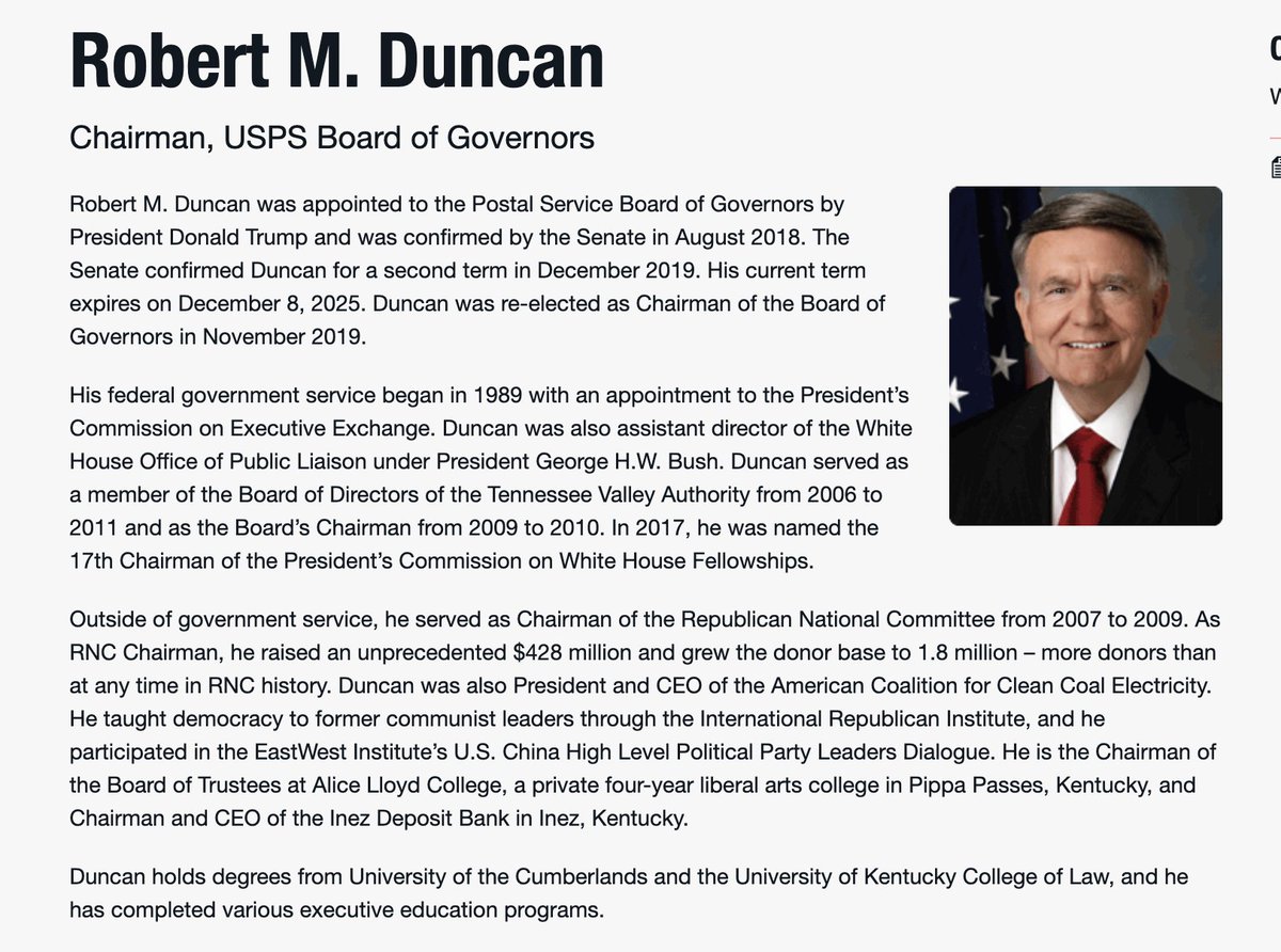 This is Mike Duncan - Chair of the  #USPS Board of Governors.He succeeded.. wait for it.... Thurgood Marshall, Jr.He was Chair of the RNC from '07 to '09. And his son was appointed U.S. Atty in KS by Trump.Duncan MUST hold Louis DeJoy accountable.  http://www.inezdepositbank.com/2053/mirror/contact-us.htm
