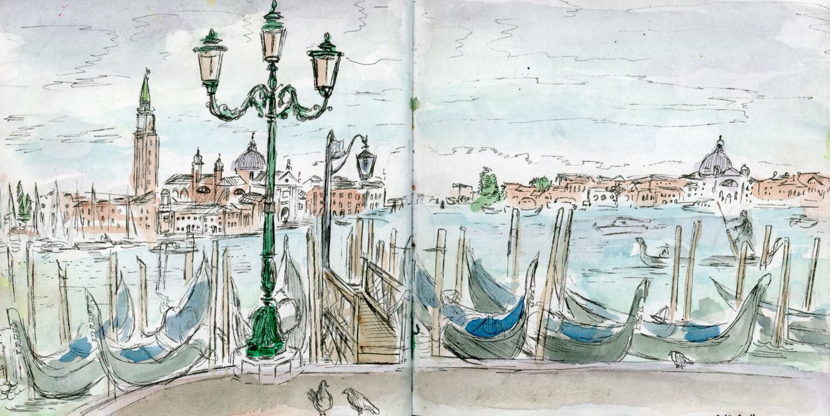 The first reference point was my sketches of Venice from 2015 (back when travelling was a thing). The picture on the wider reading card has a very very tiny self-portrait of me sketching the view from the Doge’s palace.