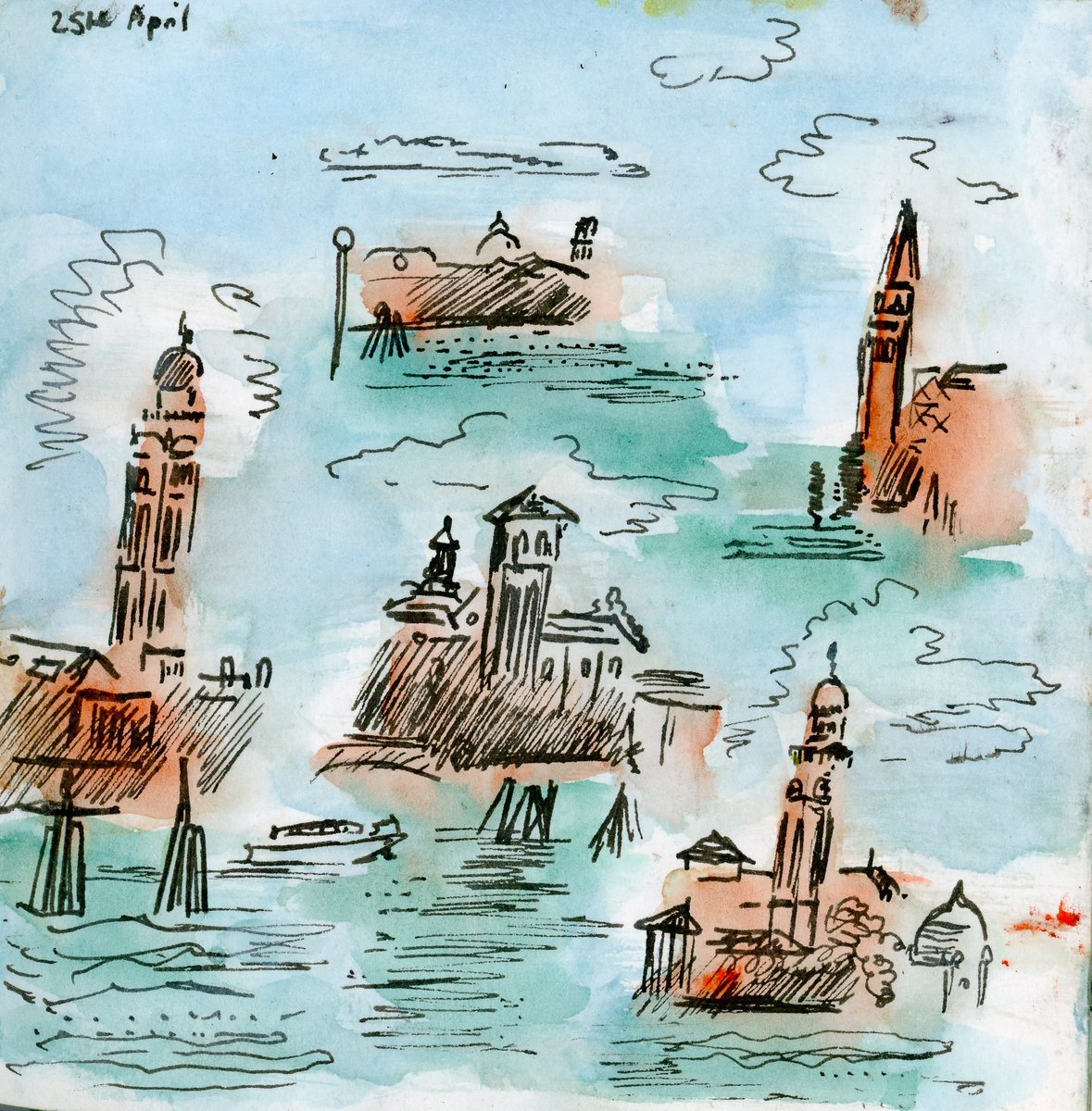 The first reference point was my sketches of Venice from 2015 (back when travelling was a thing). The picture on the wider reading card has a very very tiny self-portrait of me sketching the view from the Doge’s palace.