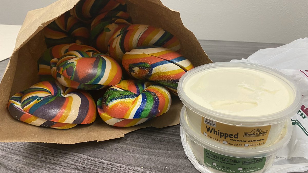 Bagels & cream cheese for the Saturday crew pulling us across the finish line for semester start! #rainbowbagels #celebratediversity @USC @USCITServices