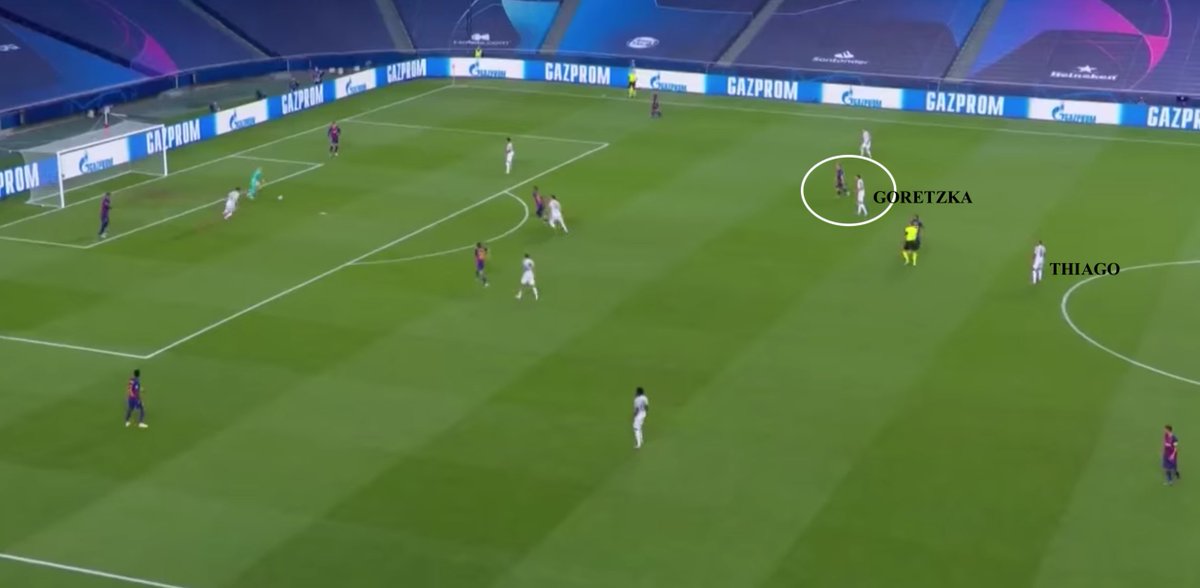 5. In terms of the Goretzka-Thiago organisation in midfield - almost always one would push high against one of Barcelona's midfielders (mainly Frenkie) whilst the other would sweep behind to protect the space between Bayern's midfield & defensive linesThe duo can do both roles