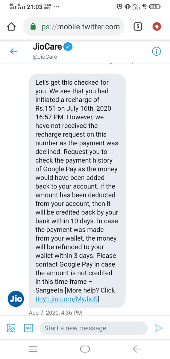 raviash99's tweet photo. @GooglePayIndia This was the chat i had with jiocare...they told they didnt receive any amount from gpay..kindly check the issue and refund it https://t.co/HyLQu1IXcn