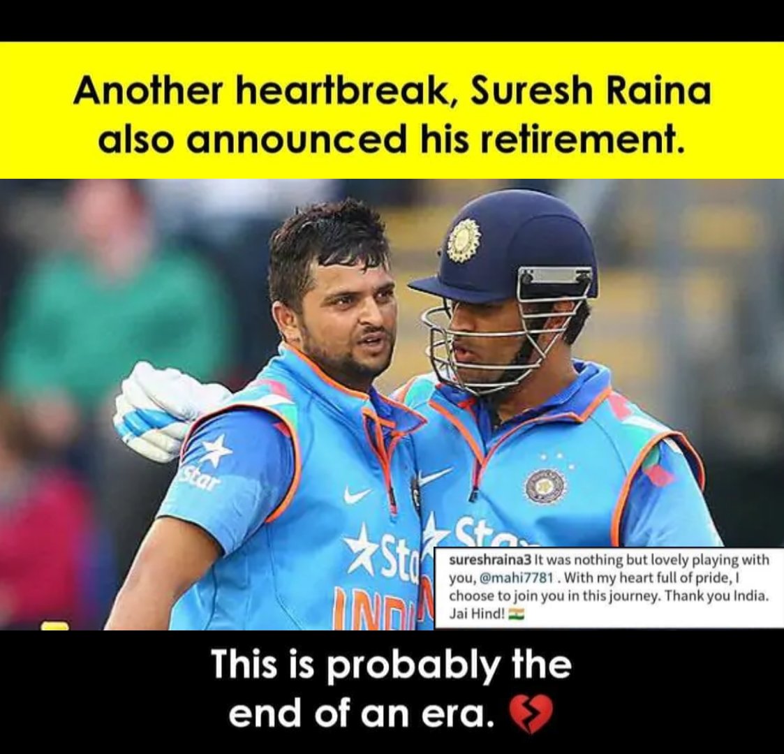 Pathri2004's tweet photo. Another heart break💔

Suresh Raina, Chinna thala also announced his retirement🖤

#SureshRaina #sureshrainaretires #ChinnaThala #rainaretires #rainaretired https://t.co/1Dwn7PCZU3
