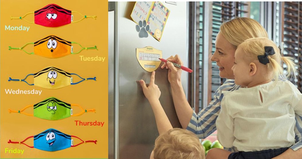 #COVID pushes #Marketing #creativity. <a href="/Crayola/">Crayola</a> #launch funny #Weekly #kids #Masks pack with an #Agenda to put on the fridge to tick the days before washing. A #clever way for a #brand to stay in young #consumers mind... in and out of the #House! schoolmaskpack.com
