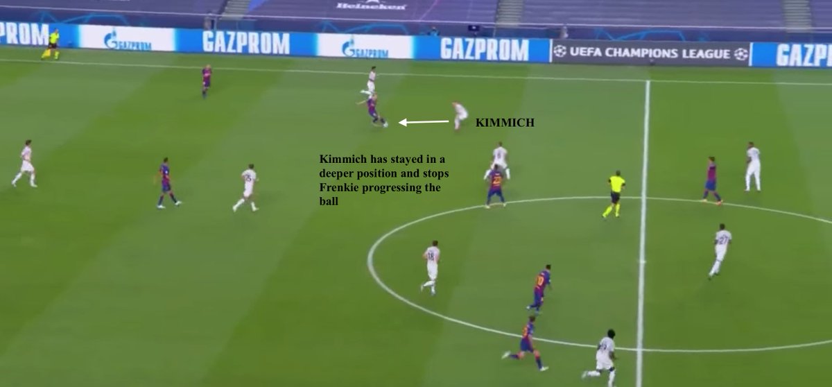 - Davies also has the insurance of Alaba's speed if Barca did get beyond him•The Kimmich (Pavard when fit)-Boateng axis isn't as rapid,hence why Kimmich stayed deeper to act as defensive cover, when Bayern pressed high, with Gnabry's 'halfway position' sufficient to track Alba