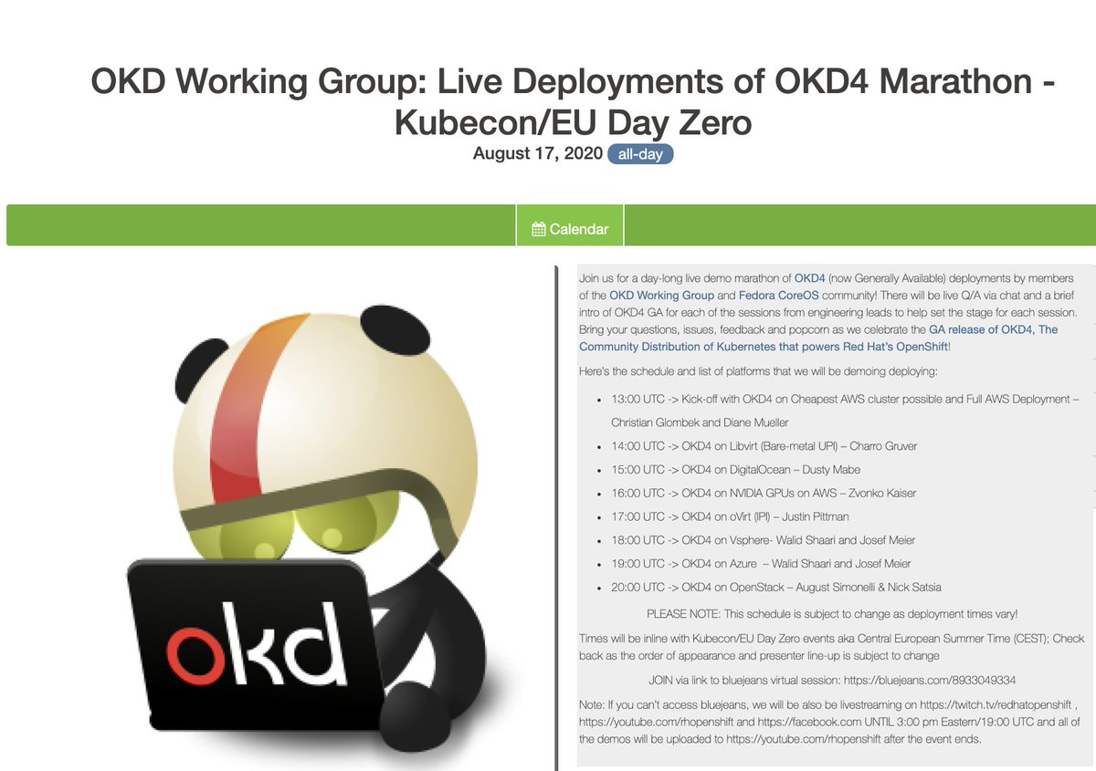 Schedule announced #DayZero #KubeCon day-long OKD-WG Live Deployment Marathon to celebrate the GA release of OKD4, The Community Distribution of Kubernetes that powers Red Hat’s OpenShift! details here: commons.openshift.org/events.html#ev…