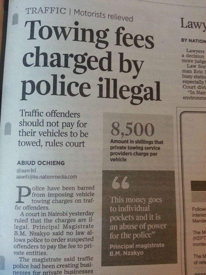 MabofKenya's tweet photo. Traffic offenders should not pay for their Vehicles to be Towed, rules court..

#MABOF #MABOFKENYA #COVID19KE #COVID19 #Traffic https://t.co/LNrVqqjGm1