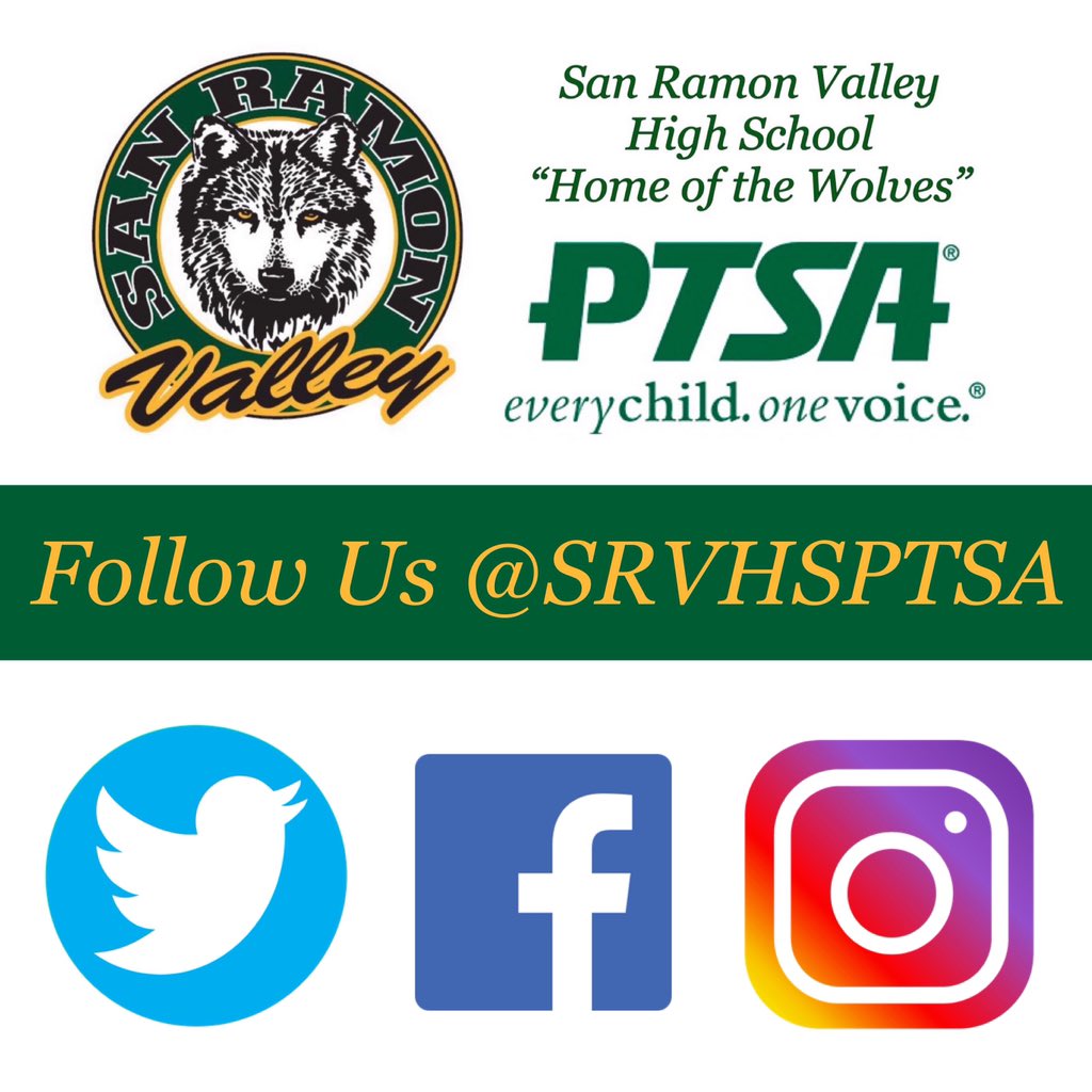 📣 Get Social with SRVHS PTSA! Follow us on Twitter, Facebook, and Instagram — don’t miss out on any #SRVHS news!! 💚💛 <a href="/WERSR/">San Ramon Valley HS</a> @MrK_SRVHS <a href="/willfordjanet/">Janet Willford</a> <a href="/AnnMarieRosie/">Ann-Marie Walters</a> <a href="/AP_OHanley/">Olivia Hanley</a>