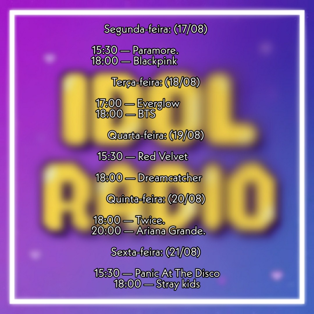 IDOLRADIORP's tweet photo. {📻} Semana que vem será uma semana cheia para os DJ's da Idol Radio e muito animada também! Teremos muitos convidados para vocês! Vamos receber no estúdio; PARAMORE, BLACKPINK, EVERGLOW, BTS, RED VELVET, DREAMCATCHER, TWICE, ARIANA GRANDE, PANIC! AT THE DISCO e o STRAT KIDS! https://t.co/LuRc7mefxf