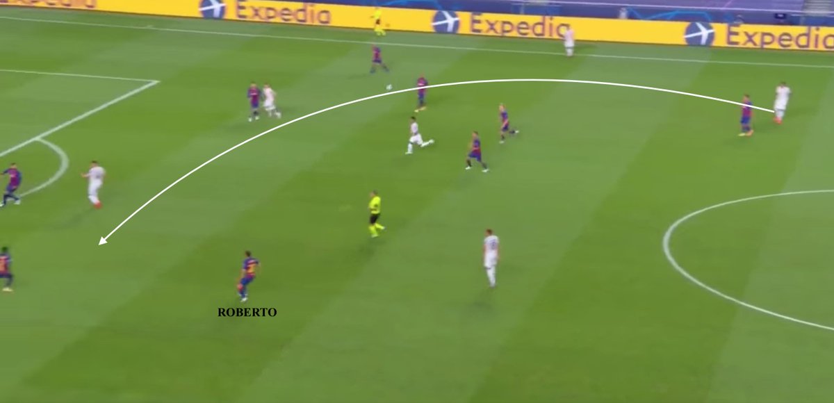 •Bayern counter-pressing actually led to their 2nd goal-Bayern lose possession after Boateng's long ball-Roberto initially seems as if he's in a lot of space,but by the time he gets the ball, four Bayern players converge on him & he loses the ball to Gnabry who assists Perišić