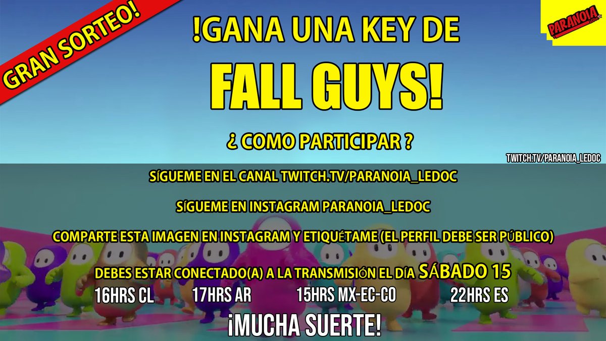ParanoiaLedoc's tweet photo. A horas de que se nos vaya la key para FALL GUYS! 😱😱
Aun puedes participar del sorteo, solo debes seguir las instrucciones.
Nos vemos en un rato y ¡MUCHA SUERTE!
#FallGuys #SORTEO #steam #gamer #sorteofallguys https://t.co/mvs4aOTAWb