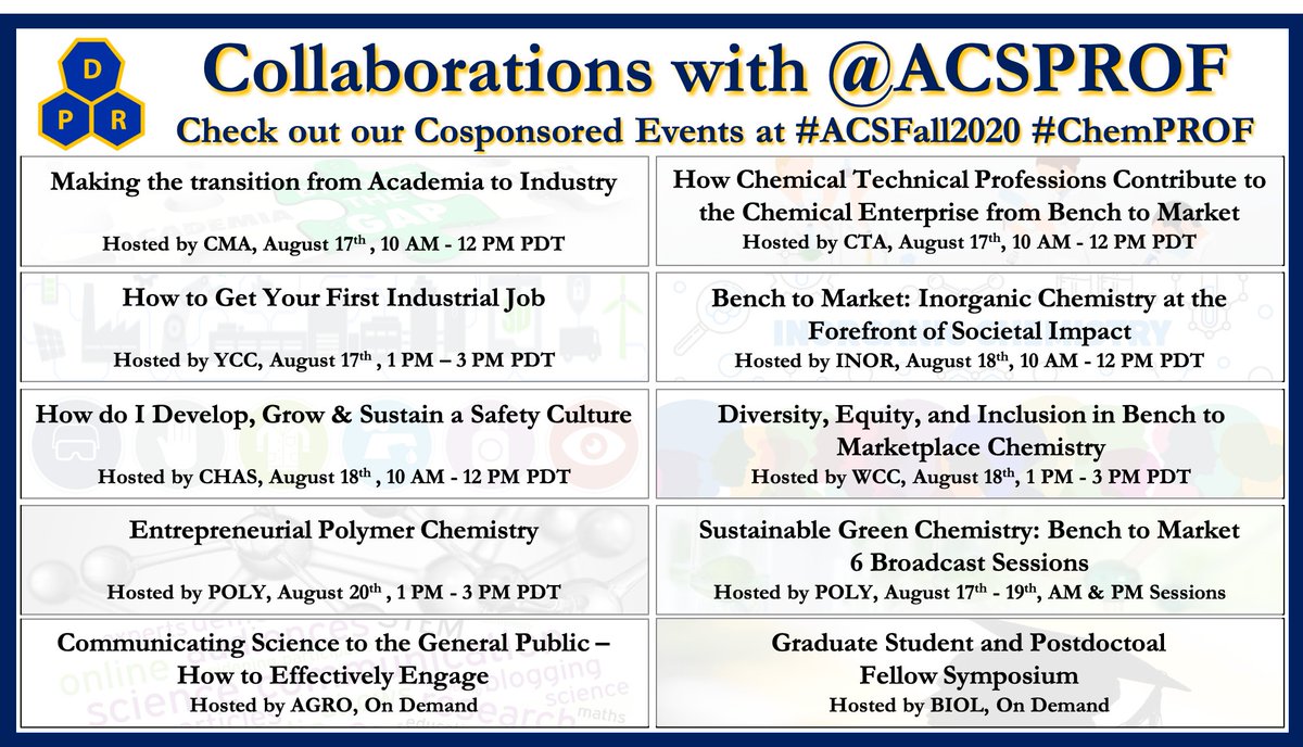ACSPROF's tweet photo. #ACSFall2020 @ACSPROF co-sponsored programming is fire π₯ Get ready and check out these collaborative sessions from @ycc_acs @chemdiversity @CTA_ACS @acsagrodiv @ACSINORDivision @AcsWcc @POLY_ACS! #ChemPROFπ€© https://t.co/z3YPyMiEiz