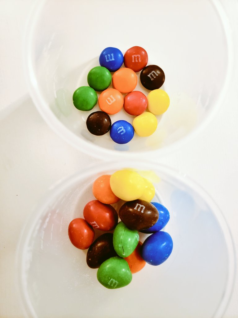 Undeterred (and unsupported), I proceeded to develop my experiment. I started with 12 plain and 12 peanut M&Ms. Two of each color. Very scientific!!