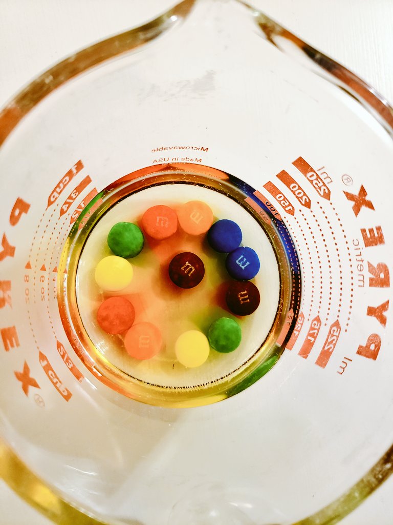 The first step was to remove the shells. To do this, I placed the plain M&Ms in a Pyrex "beaker" and added water.