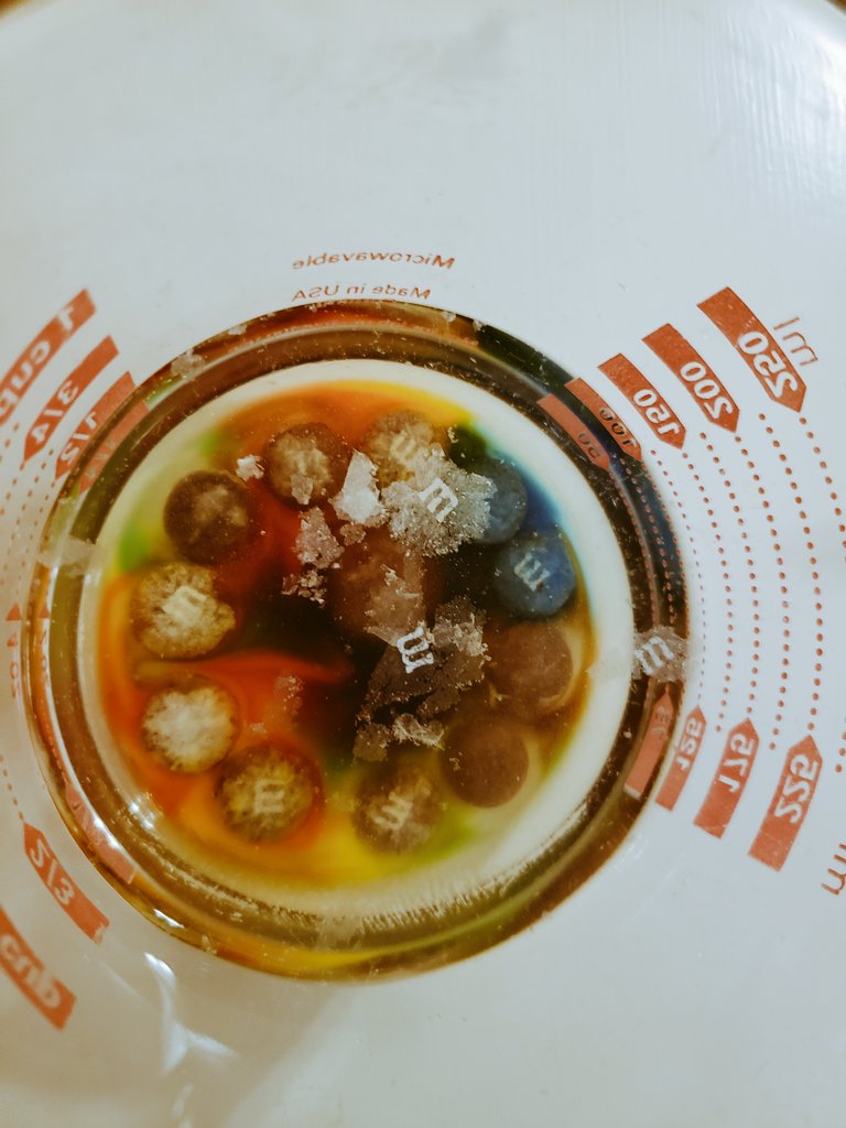 As the shells dissolve, the "m" from each candy floats to the top. Appetizing!!