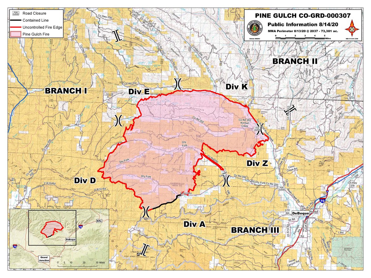 Pine Gulch didn’t grow much yesterday amid more favorable weather conditions. It’s the fourth largest fire in state history and has burned mostly in the sparsely populated Roan Cliffs area, though officials have expressed concern about it running down Roan Creek towards De Beque.