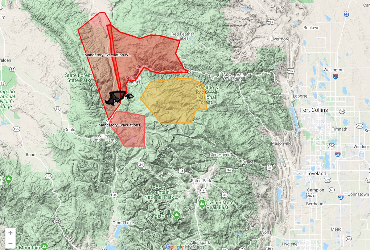 Cameron Peak more than tripled in size yesterday as high winds, steep terrain and “extreme fire behavior” prevented a lot of firefighting operations. It’s forced evacuations halfway to Fort Collins along Poudre Canyon, north along the Laramie River valley and south towards RMNP.