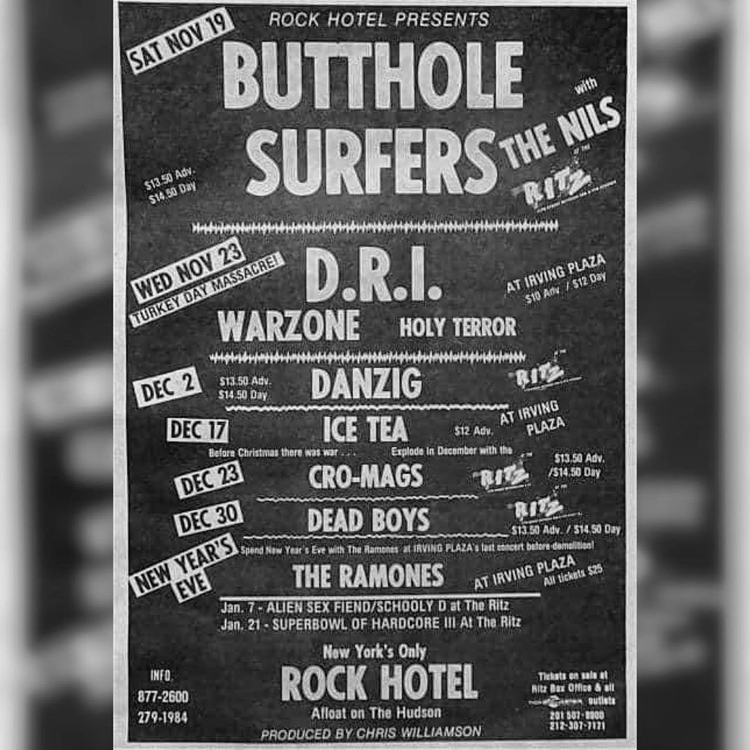realcromags's tweet photo. Posted @withregram • @punknjunkradioshow A busy #winter in nyc #1988
... #rockhotel #theritz #irvingplaza #oldnewyork #buttholesurfers #thenils #dri #warzone #danzig #icet #cromags #deadboys #ramones #aliensexfiend @ramones @realcromags @danzig_7thhouse @dirtyrottenimbecilesdri https://t.co/492V7HCexR