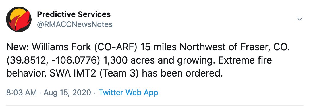 Williams Fork grew very quickly after first being spotted around noon yesterday, and appears to be on a similar trajectory to Cameron Peak. Grand County has issued a pre-evacuation order for an area west of Fraser/Winter Park.