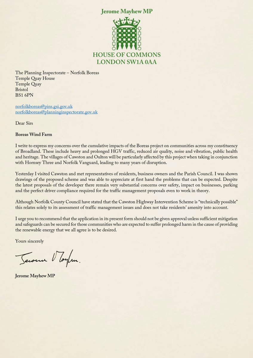 JeromeMayhew's tweet photo. The growth in electricity generation from offshore wind is hugely beneficial, but this does not give developers the right to cause disruption to people/environment of Broadland. This week, I've written to the Planning Inspectorate in support of Cawston &amp; Oulton residents. https://t.co/Z0rUk4ou56