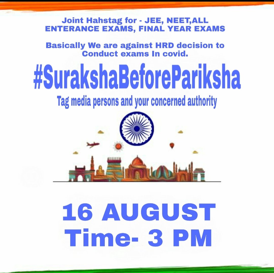 11Petitioners's tweet photo. #SurakshaBeforePariksha means safety before examination.
A common mass tweet.

Don't like this post please Retweet it as much as possible.
Put all ur effort maximum effort.

@31Petitioners
@anubha1812 
@advocate_alakh 
@DG_NTA 
@ugc_india https://t.co/KGWU7VQDwD