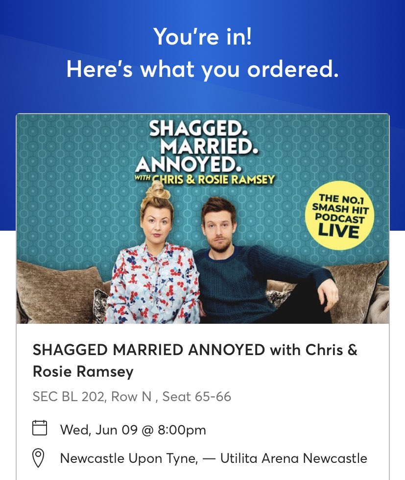 BethanyFunnell's tweet photo. Won’t lie, felt like a strange time to buy tickets to an event but I’ve got a year to hope good old 'rona has pissed off by then 🤞🏼 @IAmChrisRamsey &amp; @Rosemarino see you there 🙌🏼😝 https://t.co/uZKMVeN7DQ