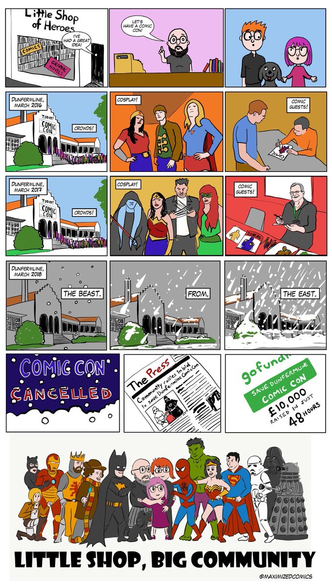 MaximizedComics's tweet photo. Here’s my comic strip for #spdchallenge. The true story of #DunfermlineComicCon and my local comic shop @lilshopofheroes, which is a great supporter of small press comic creators. https://t.co/SCIliceWS7