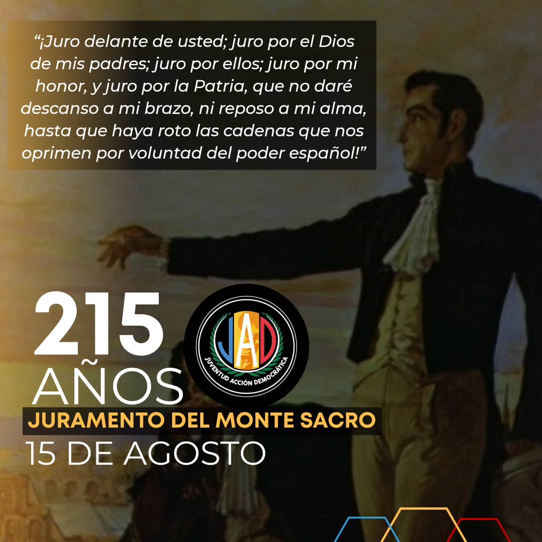 El #15Ago de 1805, en Roma, a la edad de 22 años, Simón Bolívar hizo el Juramento del Monte Sacro, de liberar a Venezuela. Simón Bolívar, en presencia de su tutor Simón Rodríguez, tomó la magna decisión de dedicar su vida a luchar por la Libertad.
