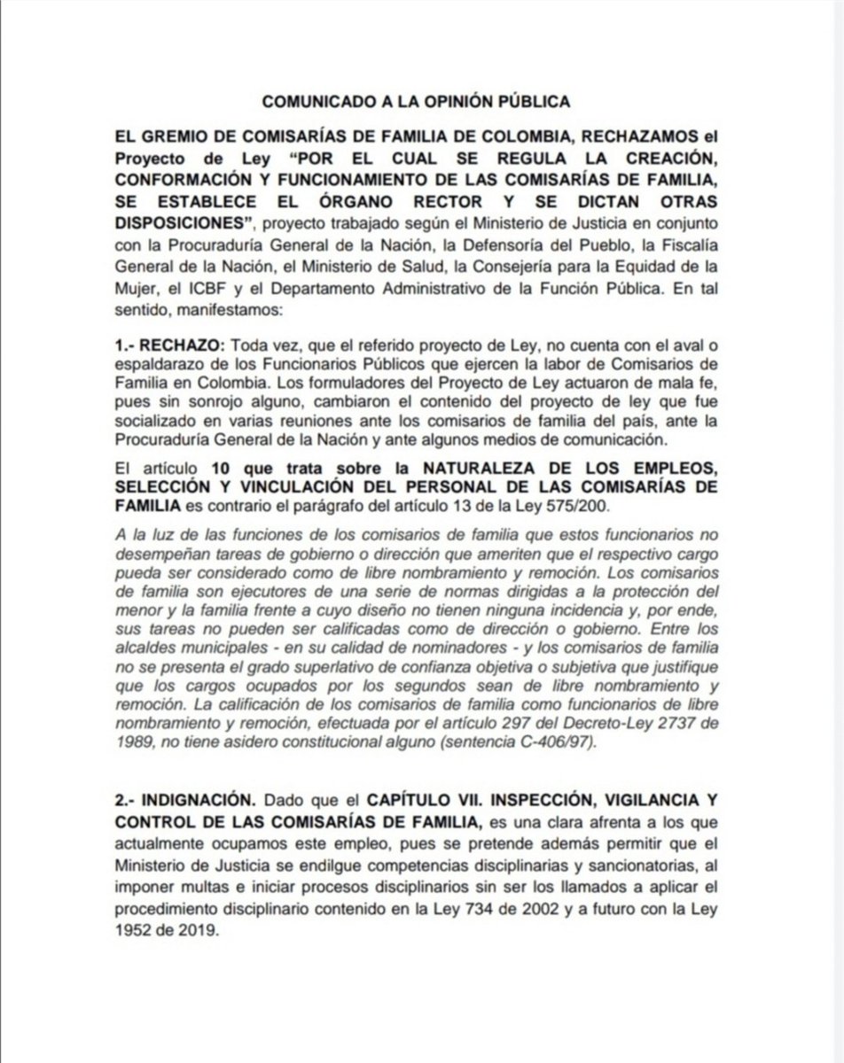 ComisariasC's tweet photo. Comunicado a la opinión pública por parte de los Comisarios de Familia de Colombia. https://t.co/IsPk6ZLAEs