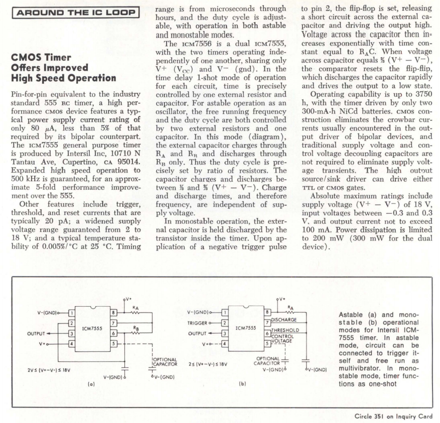 1978: Intersil releases the ICM7555, an improved CMOS 555 timer chip.