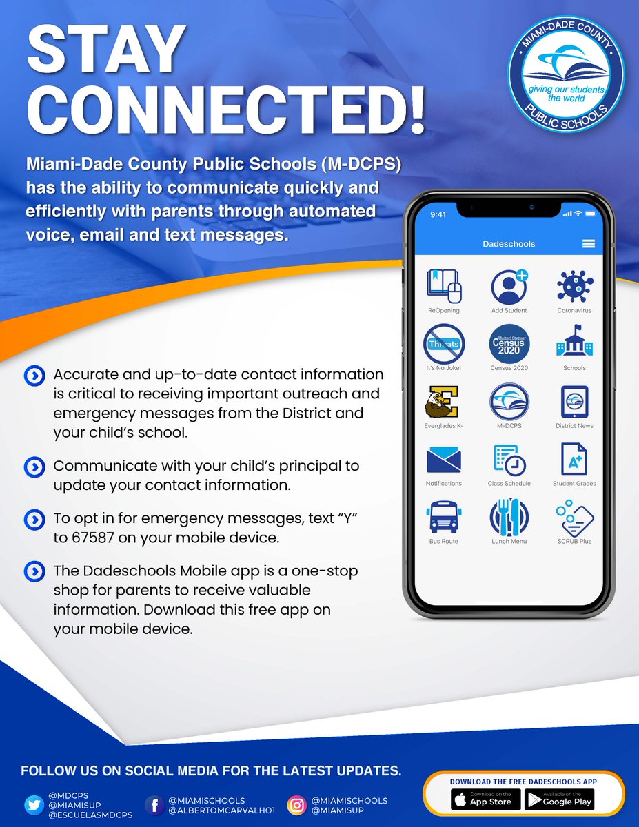 MDCPS's tweet photo. Be informed, be empowered, stay connected! Providing @MDCPS with accurate and up-to-date contact information is critical to receiving important outreach and emergency messages from the District and your child’s school. #MDCPSconnects https://t.co/YYtLRud9wS