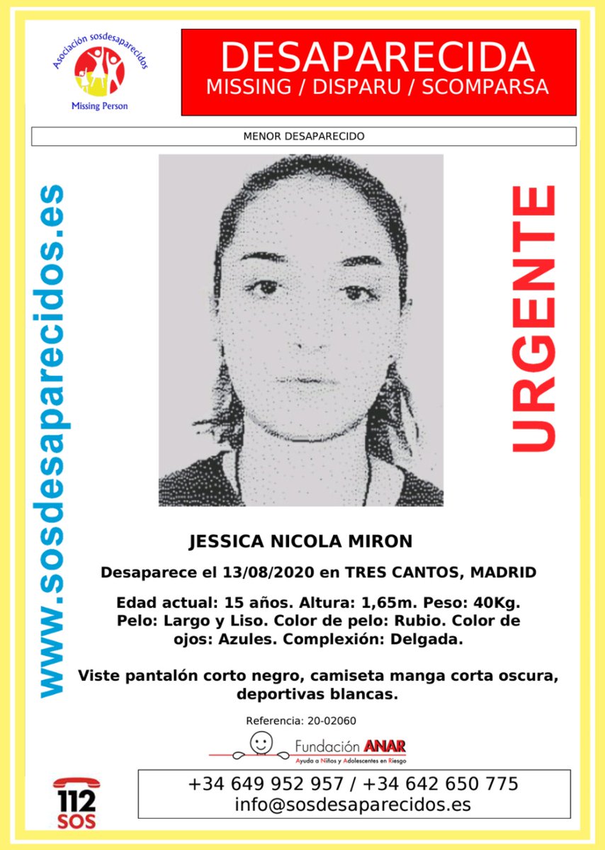 🚩URGENTE⚠️

Jessica tiene 15 años y lleva 48 horas desaparecida. #TresCantos #Madrid

Por favor, si la has visto, llámanos📲: 091, 062, 112

Tu RT no cuesta nada y puede ayudar a encontrarla🙏