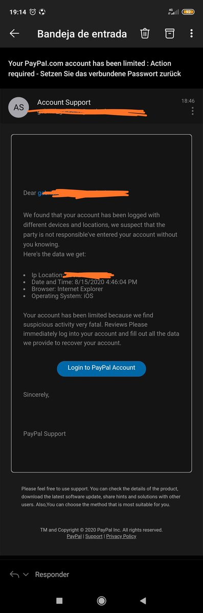 santabriel_inc's tweet photo. @PayPal @PayPalSpain
A ver si ya hacéis algo al respecto, recibo como 3 al dia (siempre los denuncio como estafa pero ni caso).
Cada vez tengo menos ganas de utilizar #paypal 🙄 https://t.co/nQIZaMoszU