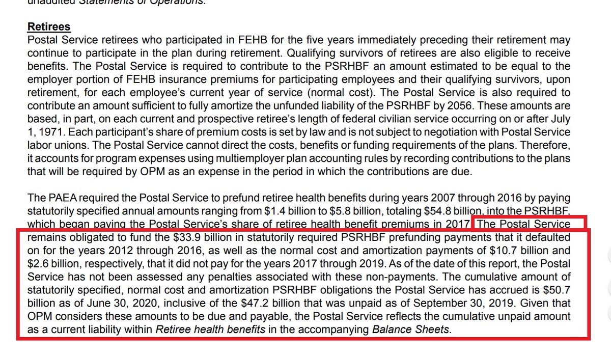 2006 Postal Accountability and Enforcement Act shifted a $27b pension liability from the PS to the Treasury and required PS to make annual payments of between $5.4 billion to $5.8 billion for 10yrs into a Retiree Benefits