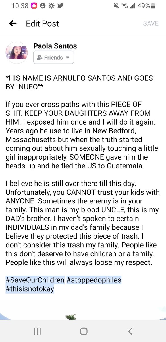 paolasantoss__'s tweet photo. #SaveTheChildren #stoppedophiles 
I posted this on my facebook &amp; Instagram. Yesterday something just exploded &amp; I decided expose this piece of trash. For YEARS I have always known his family never believed the little girl he touched inappropriately. https://t.co/W7ndyxof6q