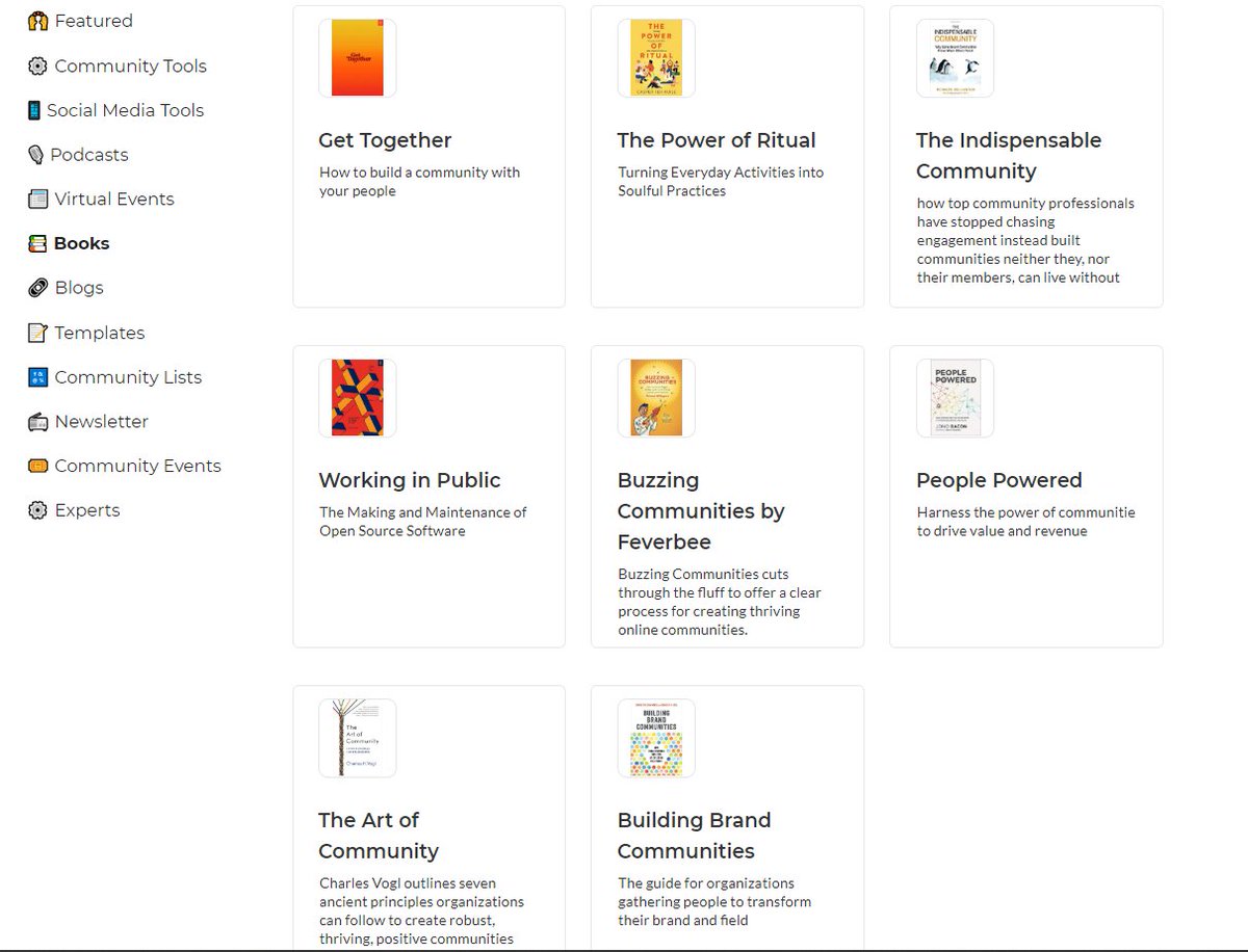 2. List of Books to read in order to learn how to harness the power of communities and creating thriving communities. Such as:Get Together by  @baileyelaine  @kevinhuynh  @people_and_co Working in Public by  @nayafia Building Brand Communities by  @caremjo  @charlesvogl