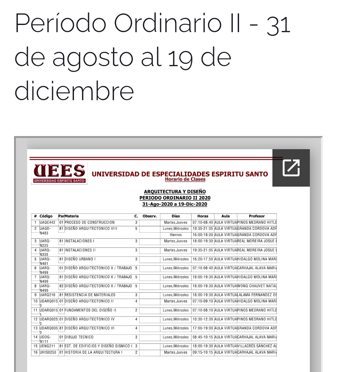 uees_ec's tweet photo. Horarios de Clases para el Período Ordinario II 2020.

https://t.co/YBhHZBC8p6 https://t.co/76Dw2gAqyS