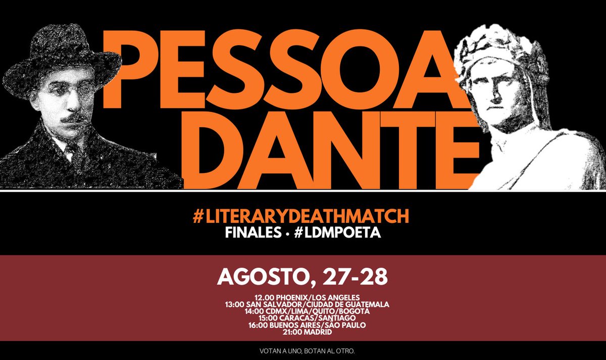 DiegoFonsecaDF's tweet photo. Jueves 27, #LDMFinales de #LiteraryDeathMatch.
#LDMPoeta: Pessoa/Dante, otro reencuentro de clasicismo y modernidad.
#LDMHistory: De Tocqueville/Heródoto, crónica y creación; historia y filosofía.
Votan por 24 horas.
Desde las 12.00 pm Los Angeles. https://t.co/sODDhKCbW1