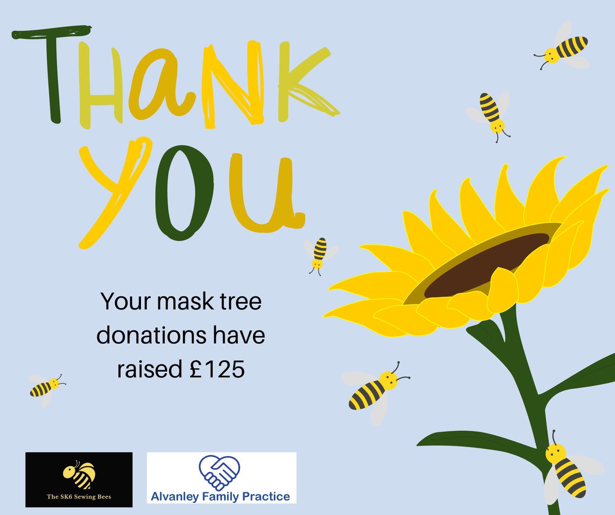 Alvanleyfp's tweet photo. Our #masktree has been used by our #Stockport community to ensure there are good quality fabric masks available for a donation. We’ve counted up and there is £125! Our Sewing Bee friends are going to do something incredible. The #sunflower is a clue! 🌈🐝🌻 https://t.co/0pTmuUe01D