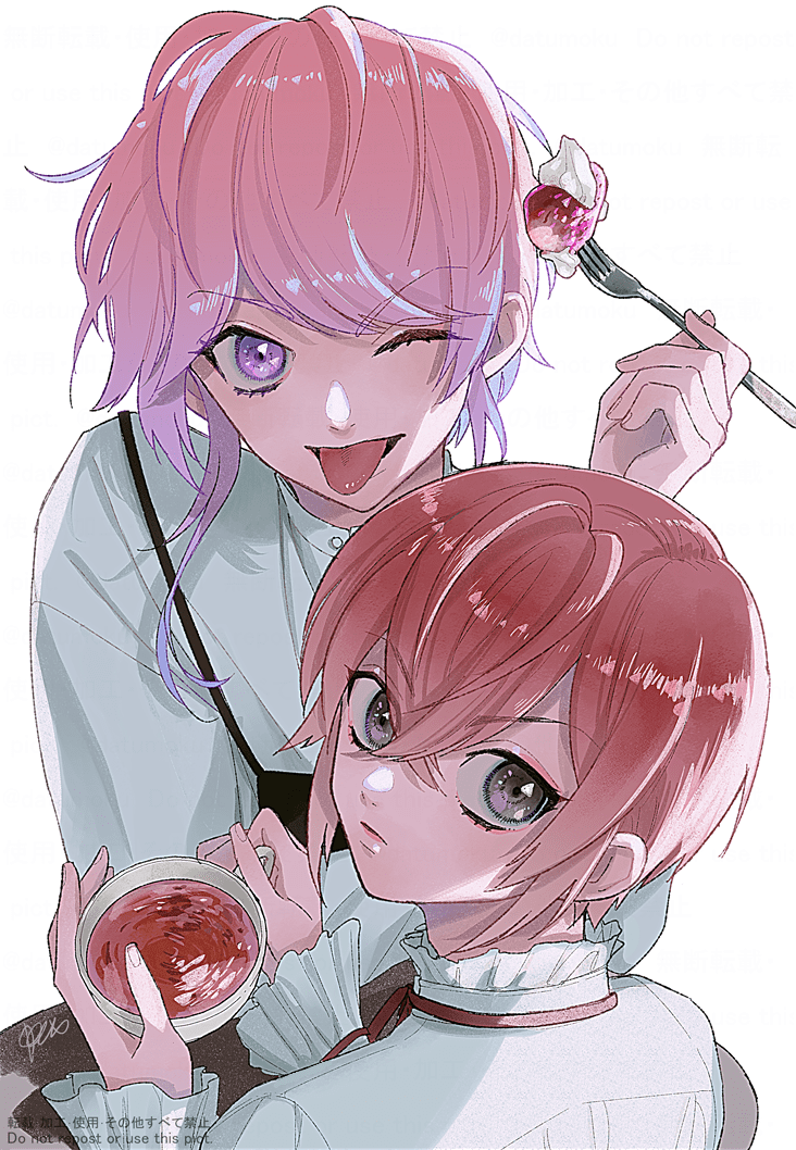 pink hair one eye closed holding fork short hair tongue shirt  illustration images