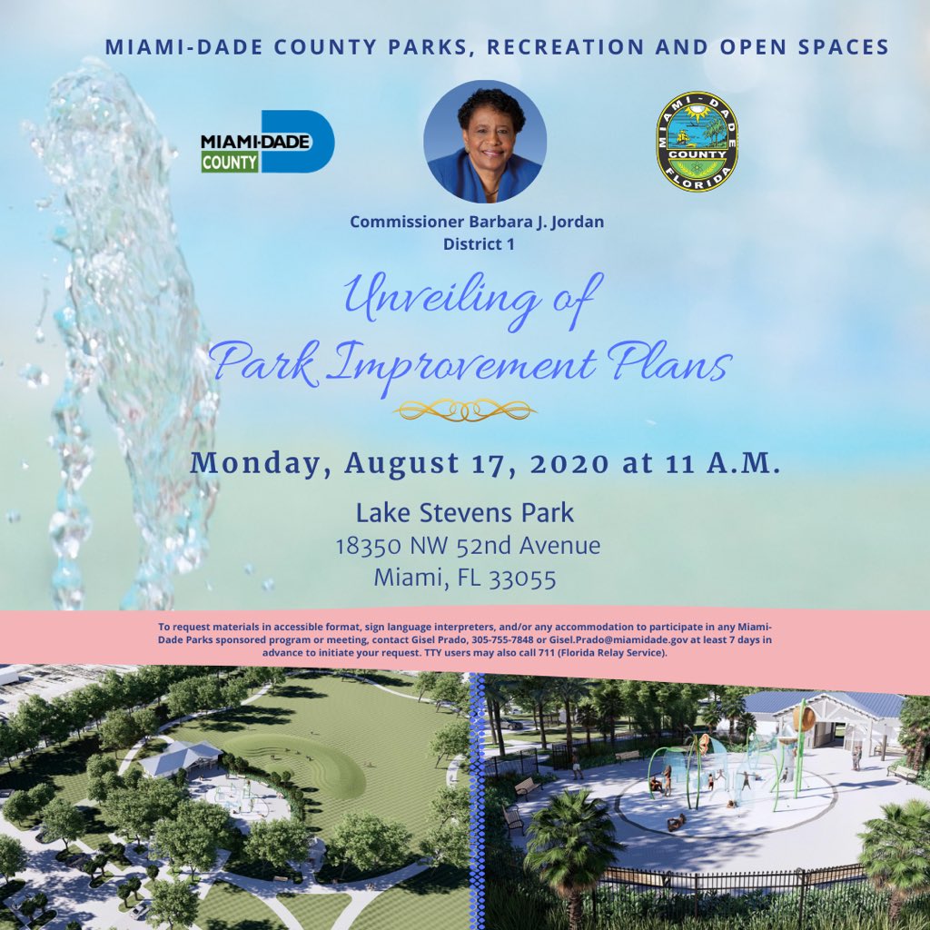 Miami-Dade County Parks and Commissioner <a href="/barbarajordan1/">Commissioner Barbara Jordan</a> invite the community to the unveiling of a plan for splash pads at Lake Stevens Park. #MiamiGardens