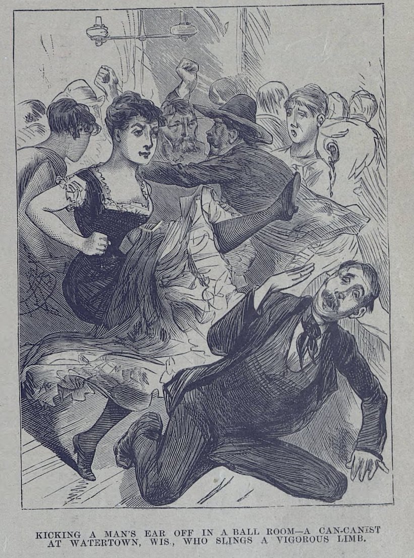 I've stumbled upon a lot of bizarre things when researching nineteenth-century newspapers, but few stories that are wilder than this: A girl who KICKS THE EAR OFF a man during a ballroom brawl!— Illustrated Police News (US. ed 1884)