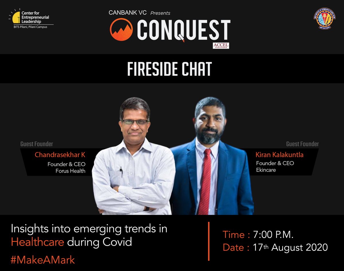ConquestBITS's tweet photo. We present to you an #AMA session by Chandrasekhar K, Founder @forus_health, and @Kpowerthree, Founder 
@ekincaredotcom, to pick their brains about emerging trends in Healthcare during COVID.
Join us on 17th August at 7:00PM
Airmeet Link: https://t.co/EP6PEiKMYj
#MakeAMark https://t.co/Jq0VbOXReW