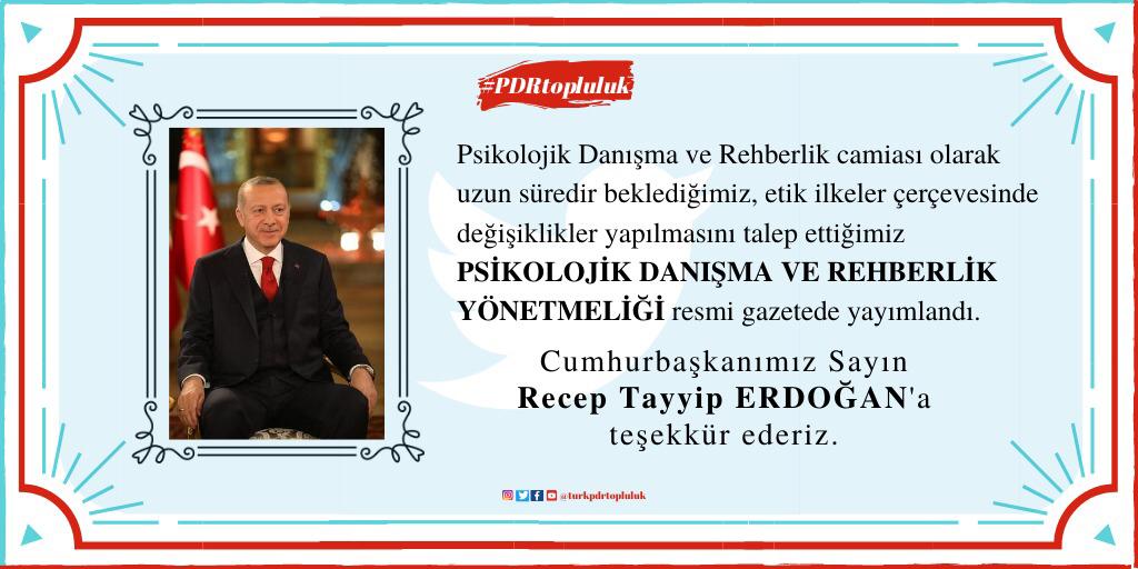 PSİKOLOJİK DANIŞMA VE REHBERLİK YÖNETMELİĞİNİN yayımlanmasındaki tensipleri sebebiyle Cumhurbaşkanımız Sayın Recep Tayyip ERDOĞAN'a teşekkür ederiz.

<a href="/RTErdogan/">Recep Tayyip Erdoğan</a>

#TEŞEKKÜRLERCUMHURBAŞKANIM