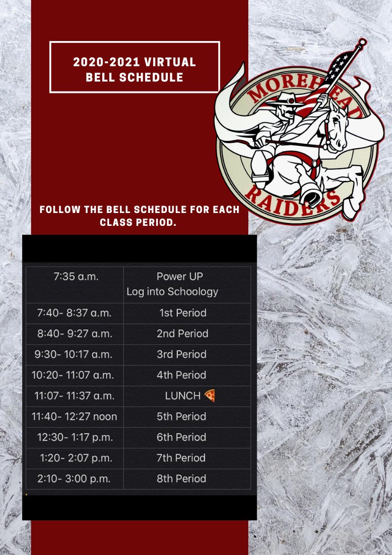 IBMorehead's tweet photo. Raider Nation:
First day of Virtual School is Monday, August 17th. Log in to https://t.co/CQ9r7wsSDp and follow the bell schedule for each class period. #GoRaiderNation https://t.co/RvSsEitZ3b