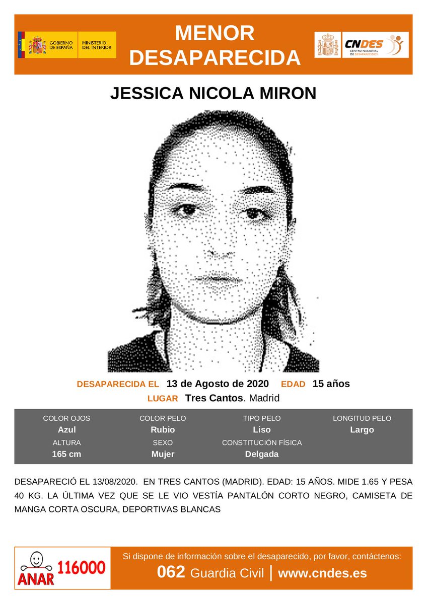 guardiacivil's tweet photo. 🆘#MUYURGENTE ⚠#AlertaDesaparición
Esta es Jessica, de 15 años, ha #desaparecido en #TresCantos  #Madrid.

Ayúdanos ¿tienes información? llama:
📞 062 📞 091 📞 112

#Colabora ¡Haz RT! puedes ayudar mucho. https://t.co/hMVQC1dNrO
