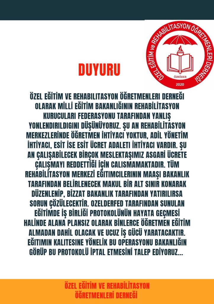 Özel Eğitim ve Rehabilitasyon Öğretmenleri Derneği ÖZRÖ- DER’ in talepleri talebimizdir;
📌Eşit işe eşit ücret
📌İnsanca yaşayacak bir ücret
📌Nitelikli eğitim
📌Adalet
📌”Eğitimde İşbirliği Protokolü” iptal edilmelidir.
#ÖzröderVar