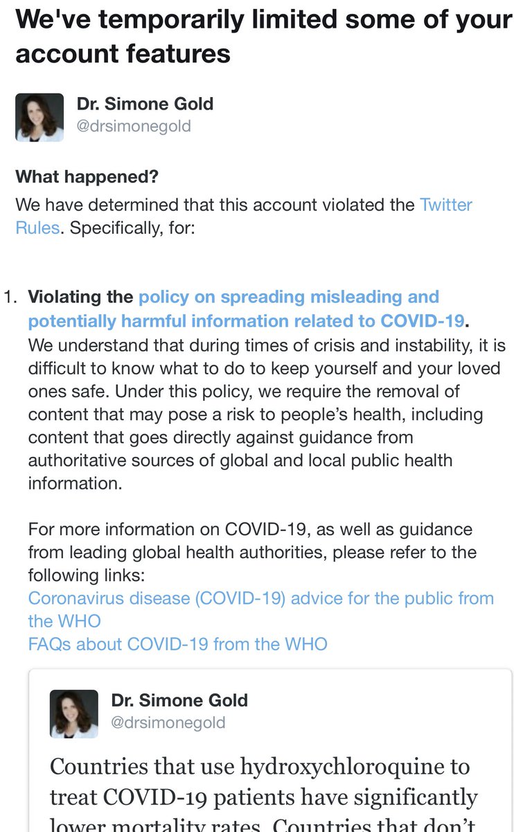 MichaelCoudrey's tweet photo. Twitter just banned @drsimonegold for 7 days for showcasing studies that show countries that use HCQ early have lower mortality rates.

Being a physician and showcasing medical literature is against Twitter TOS now. https://t.co/PiZSMdZGMX